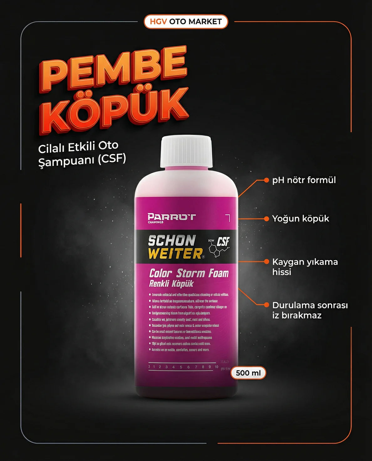 Rosafarbenes, schaumpoliertes Autoshampoo 500 ml (CSF) - Schön Weiter