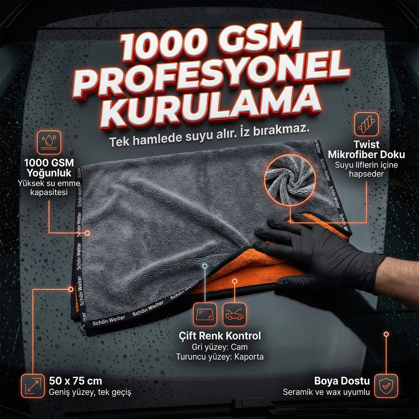 Schön Weiter - Zweifarbiges, professionelles Mikrofaser-Twist-Auto-Trockentuch, 1000 g/m² – 50 x 75 cm