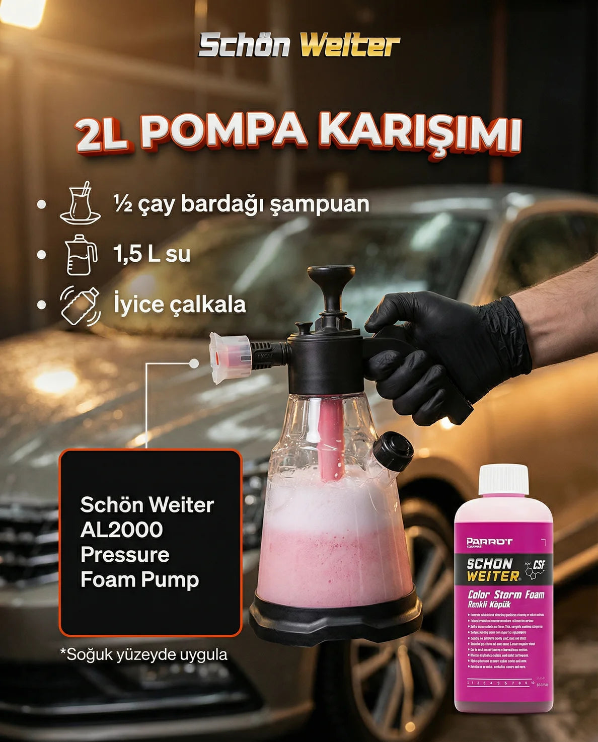 Rosafarbenes, schaumpoliertes Autoshampoo 500 ml (CSF) - Schön Weiter