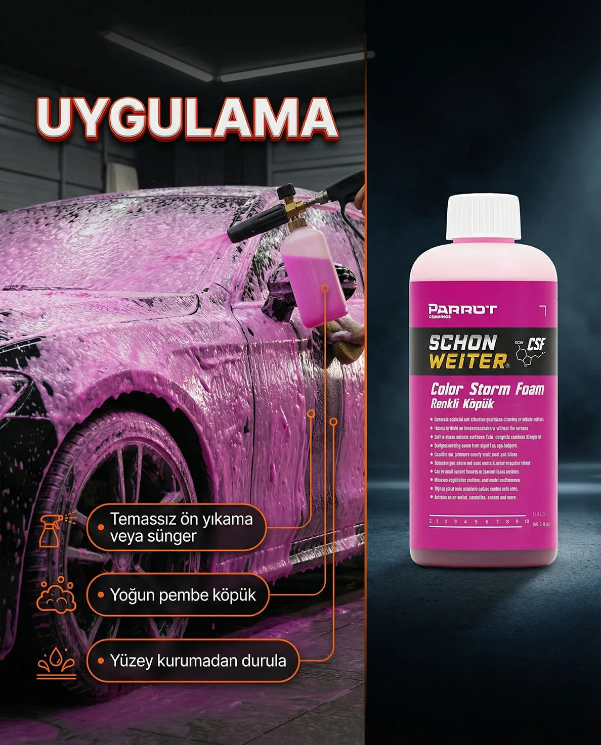 Rosafarbenes, schaumpoliertes Autoshampoo 500 ml (CSF) - Schön Weiter