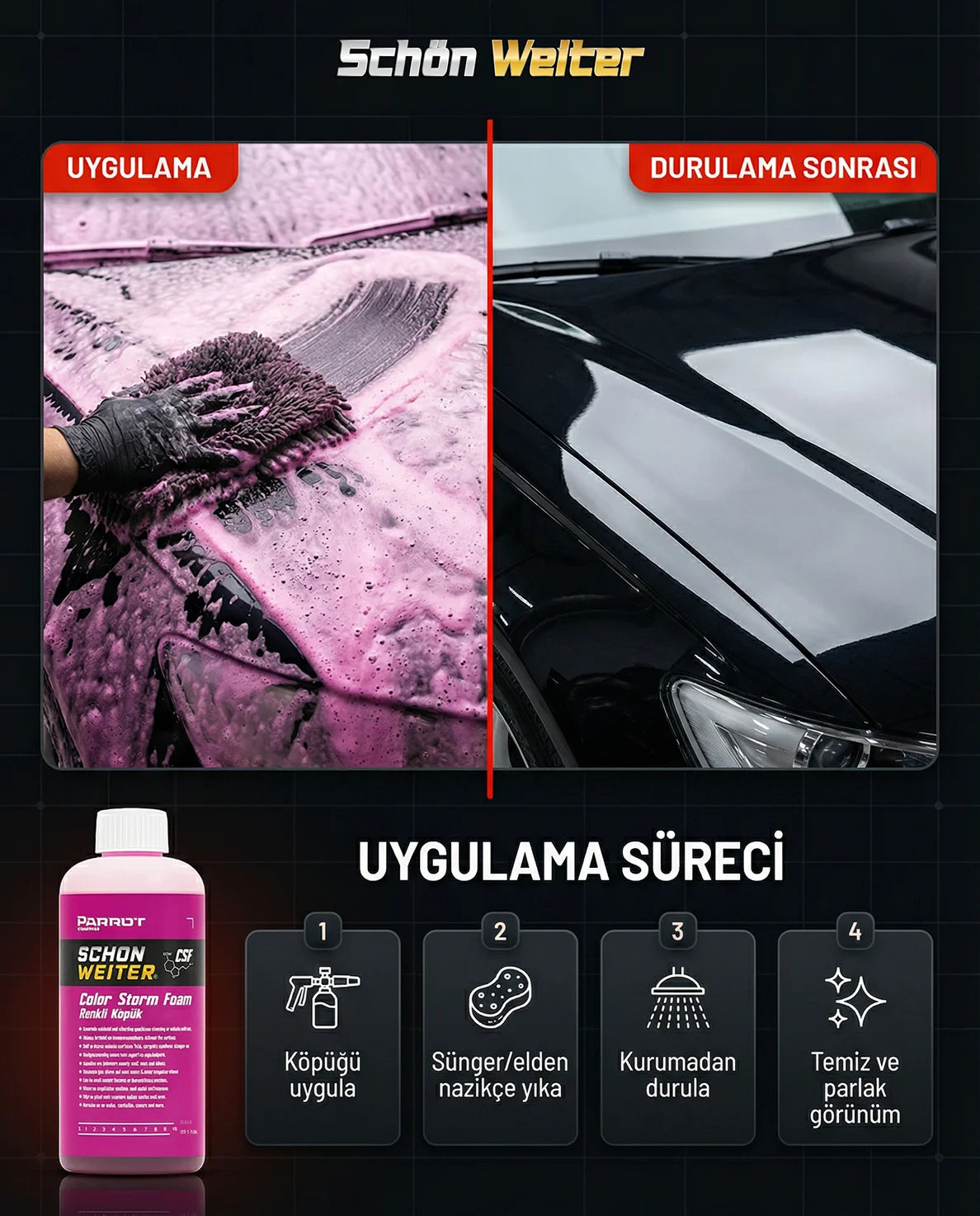 Rosafarbenes, schaumpoliertes Autoshampoo 500 ml (CSF) - Schön Weiter