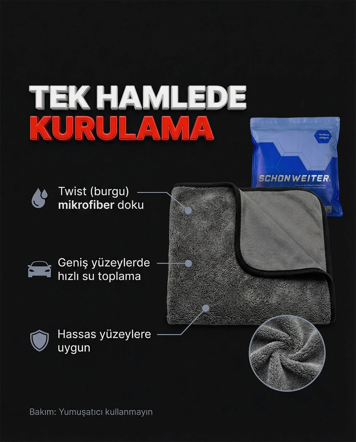 Schön Weiter – Ultra saugfähiges Mikrofaser-Twist-Auto-Trocknungstuch 70 x 90 cm – 600 g/m²